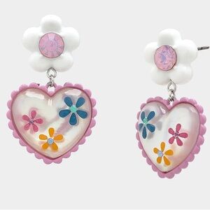 Betsey Johnson Hop To It Flower Heart Drop Earrings New